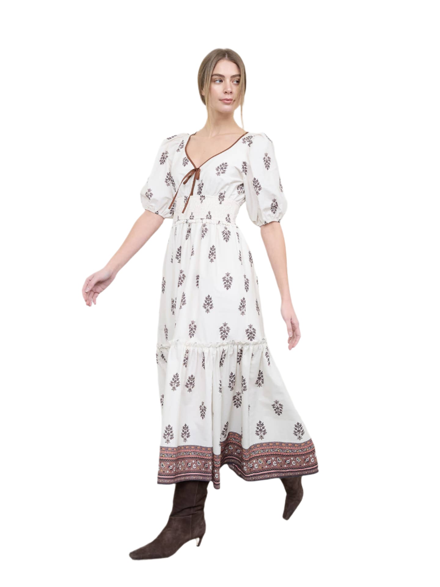Puff Sleeve Pleated Midi Dress