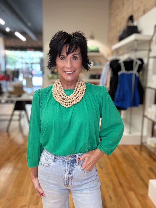 Shirred 3/4 Sleeve Tee in Shamrock