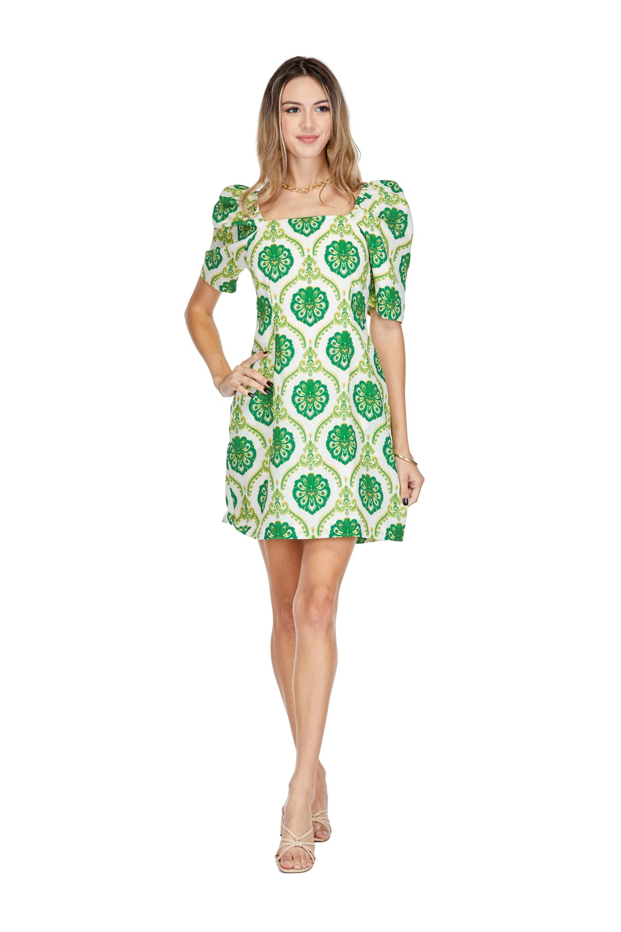 Green Puff Sleeve Fitted Dress