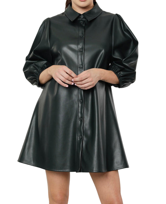 Classic Faux Leather Puff Sleeve Dress