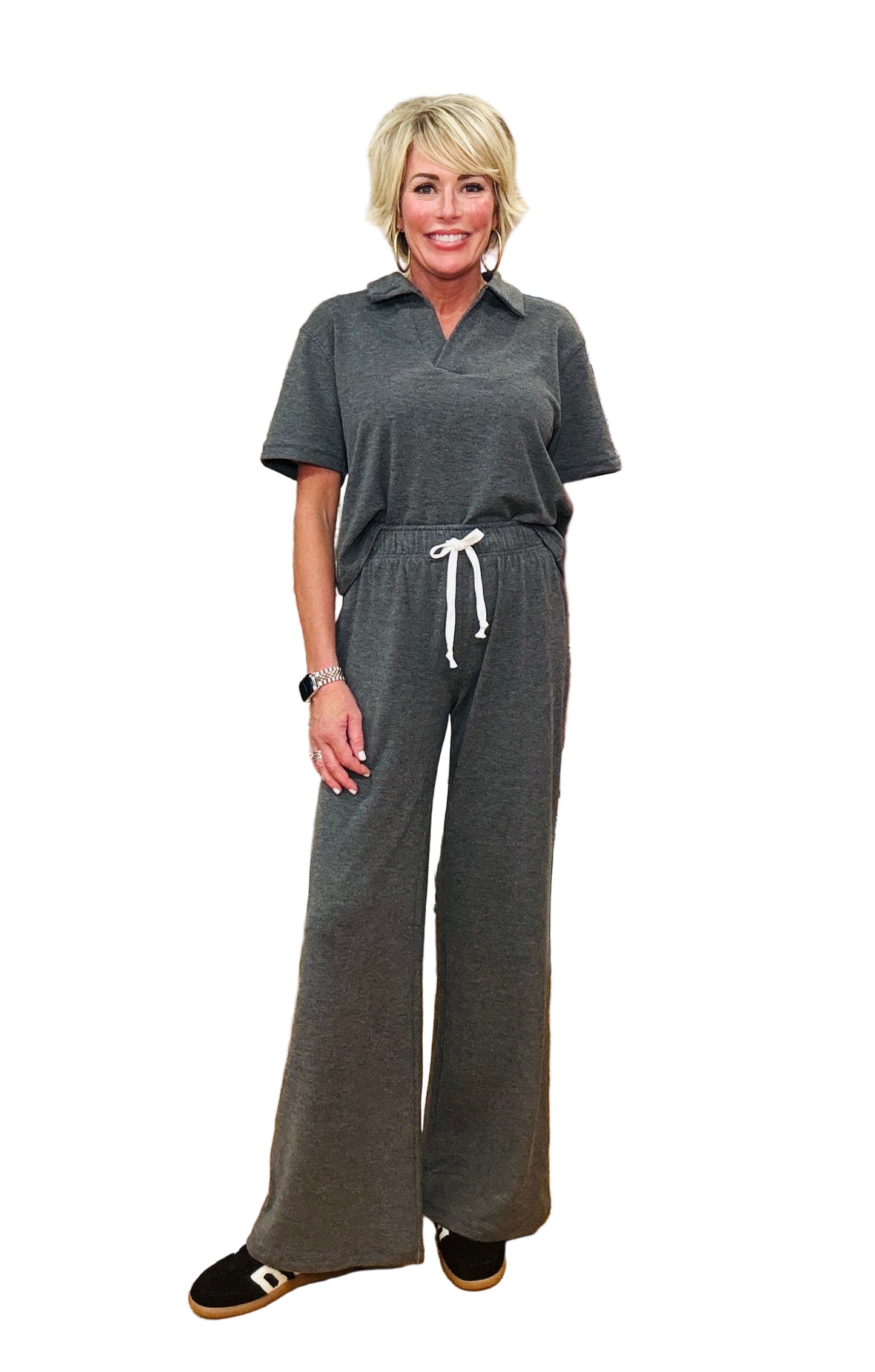 Wide Leg Drawstring Pants in Dark Grey