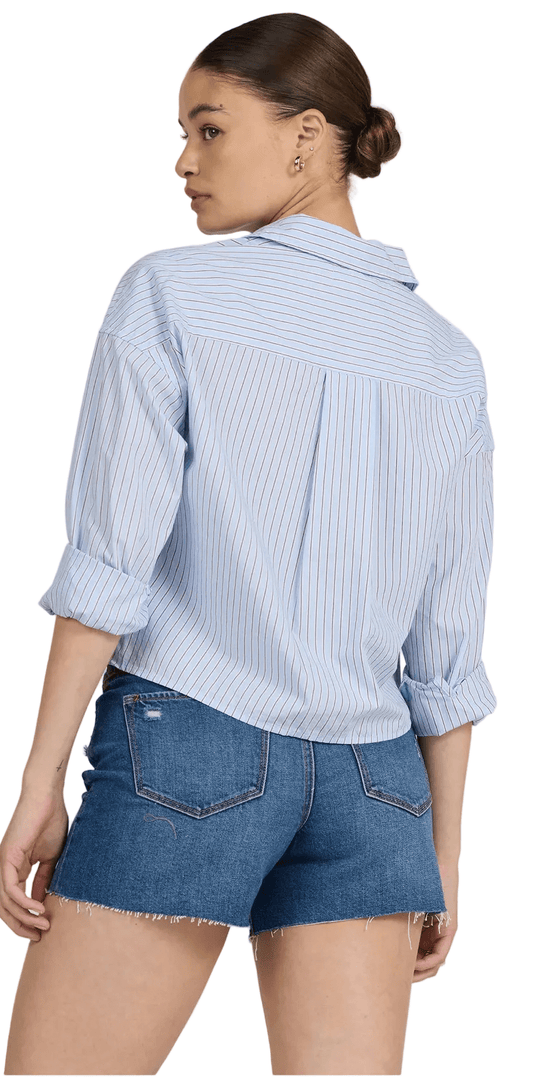 Cropped Adrianna Button Up Top in Skyway/Cafe Stripe - The South Apparel