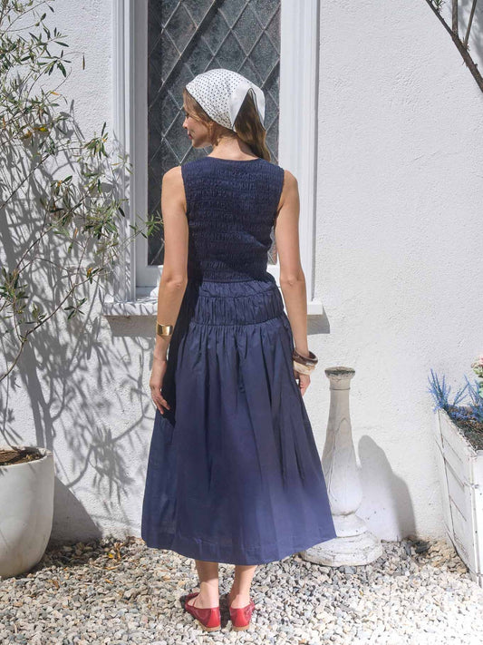 Navy Smocked Midi Dress - The South Apparel
