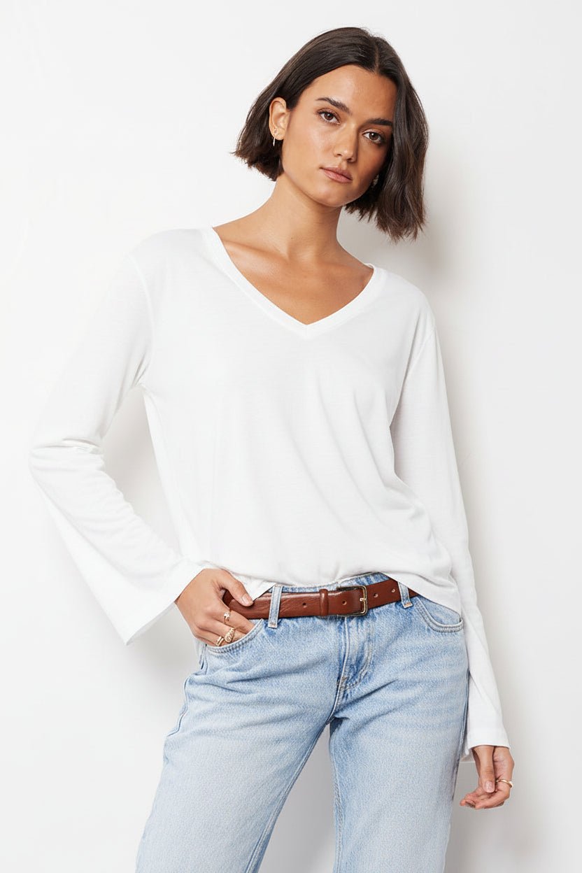 Split Neck Bell Sleeve Tee in White - The South Apparel