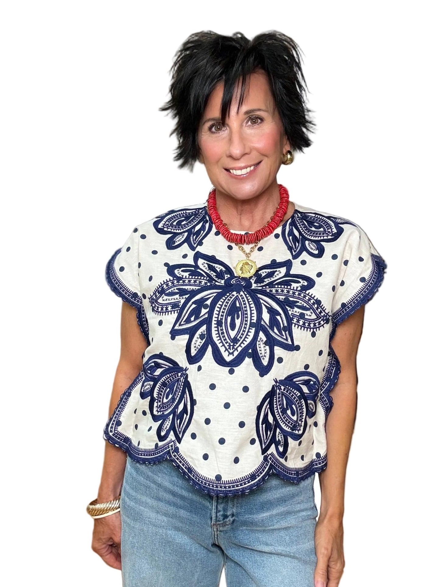 White & Navy Embroidered Top - The South Apparel