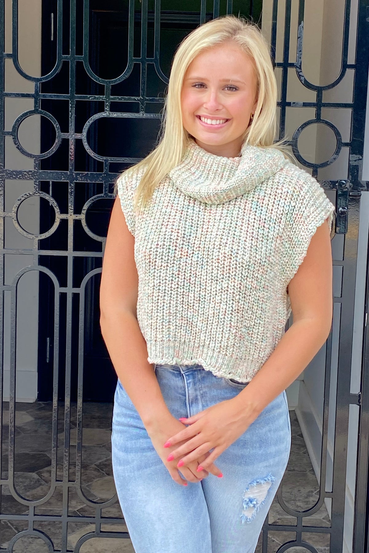 Cropped Turtleneck Sweater in Cream Multi