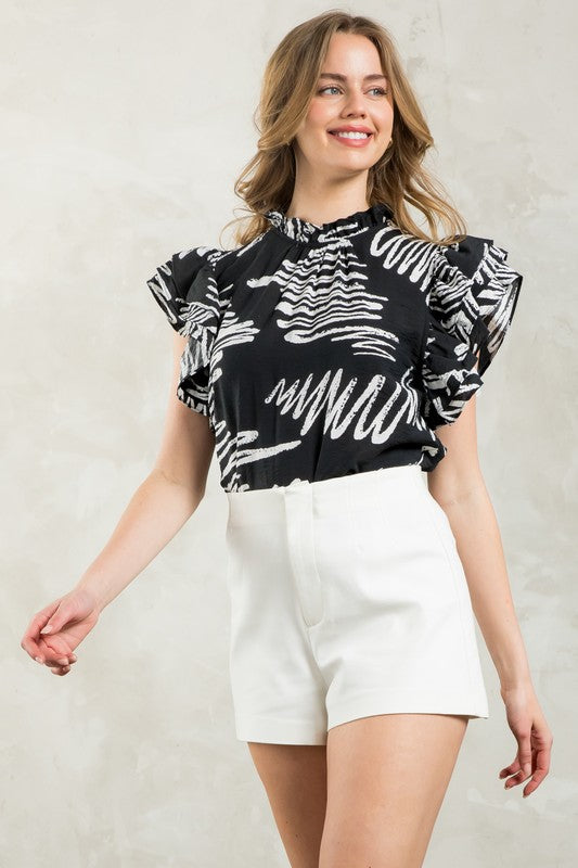 Flutter Sleeve Print Top-Black