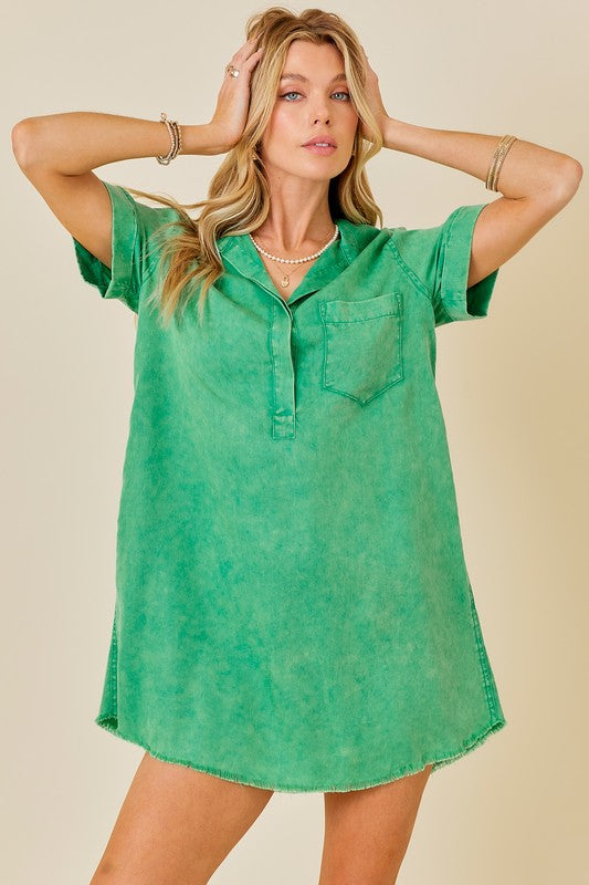 Washed Denim Shirtdress in Green