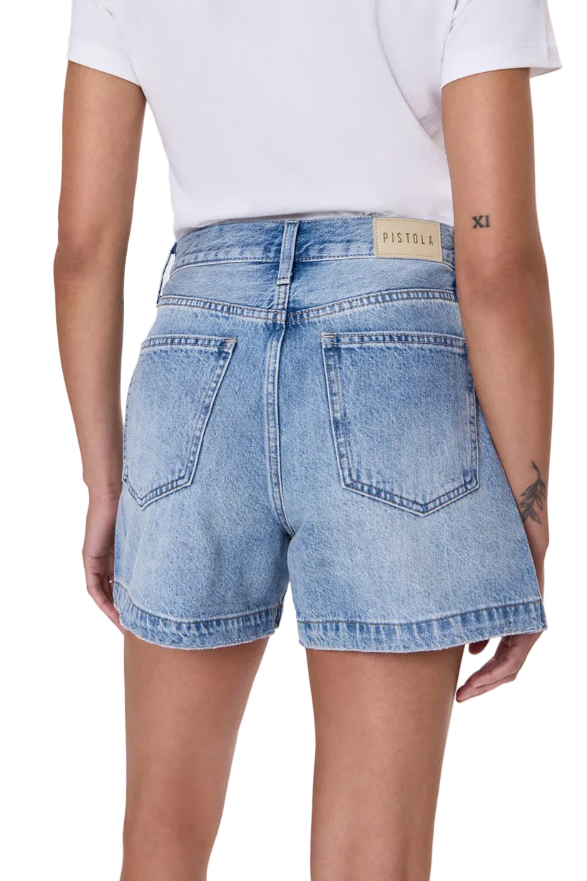 Denim shorts with a visible brand label on a white background