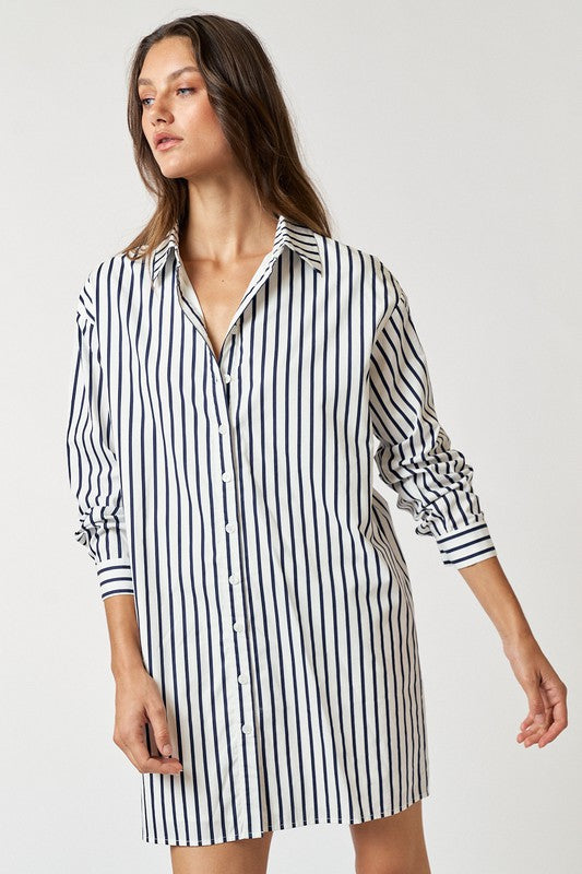 LaLa Striped Shirt Dress in Navy & White