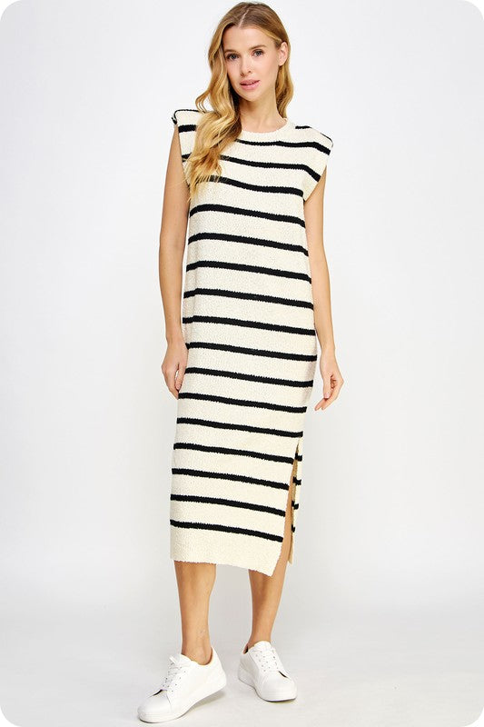 Knit Striped Midi Dress in Cream/Black