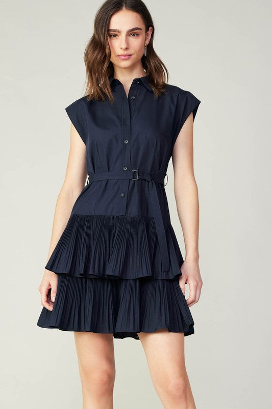 Button Down Tiered Mini Dress in Navy