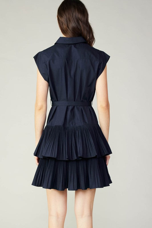 Button Down Tiered Mini Dress in Navy