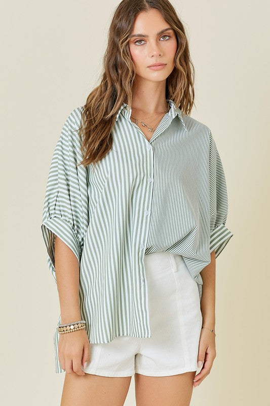 Striped Oversized Button Up in Olive/White