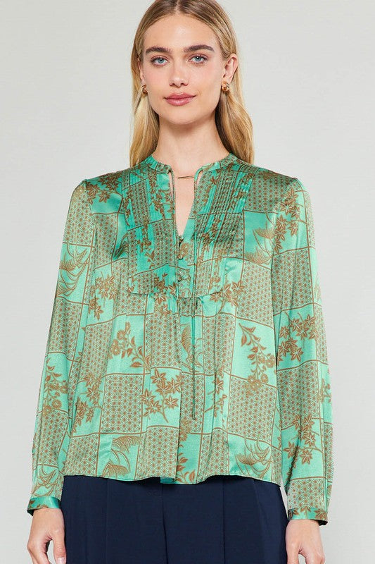 Mandarin Collar Top in Aqua & Green