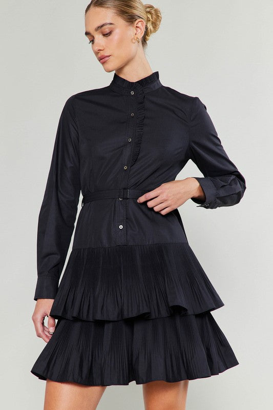 Button Down High Neck Shirt Dress in Black