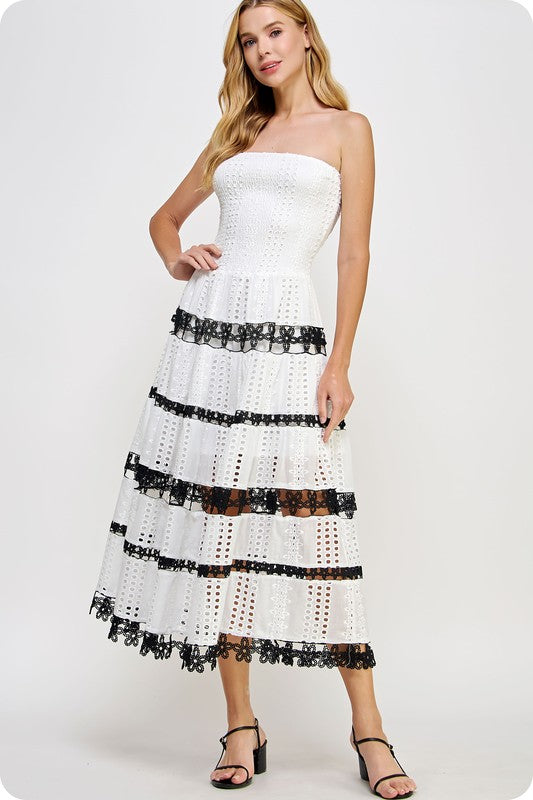 Eyelet Midi Dress in White/Black