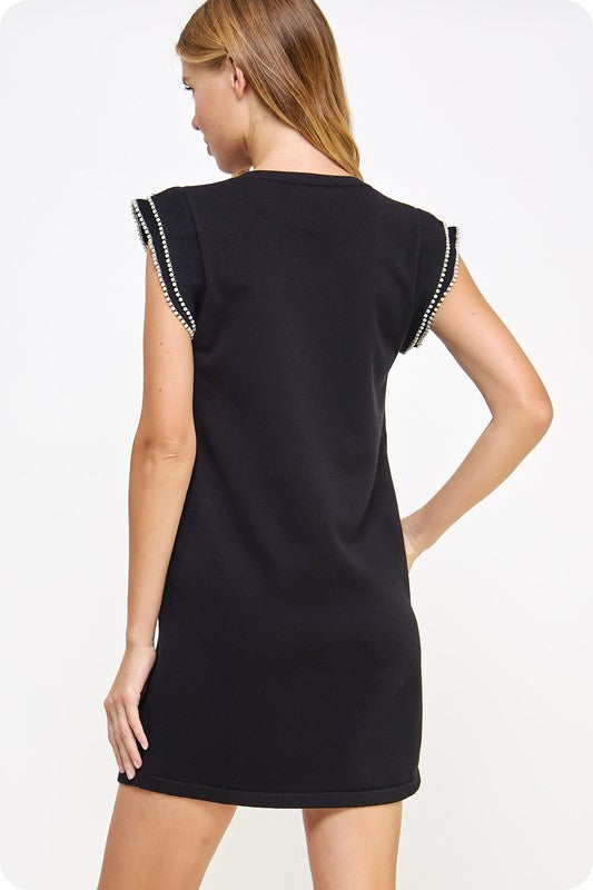 Pearl Trim Mini Dress in Black