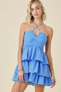 V Notched Gingham Ruched Halter Multi Tiered Mini Dress