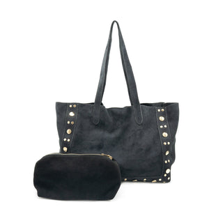 Large Suede Tote with Studs, Black