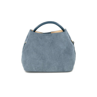 Lucia Bag in blue with a handle, compact size, and sleek design.