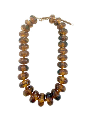 Marlan Beaded Necklace in Desert with large glossy marbled beads and gold-plated clasp.