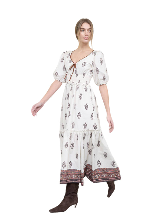 Puff Sleeve Pleated Midi Dress