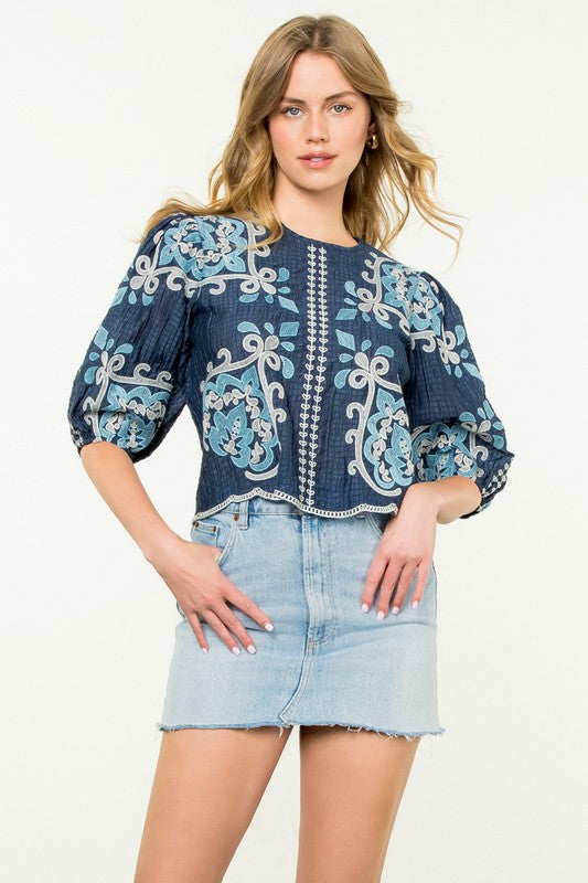 Marlowe Embroidered Top in Blue