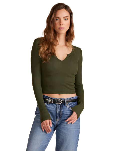 Split V Neck LS Crop Tee in Hunter