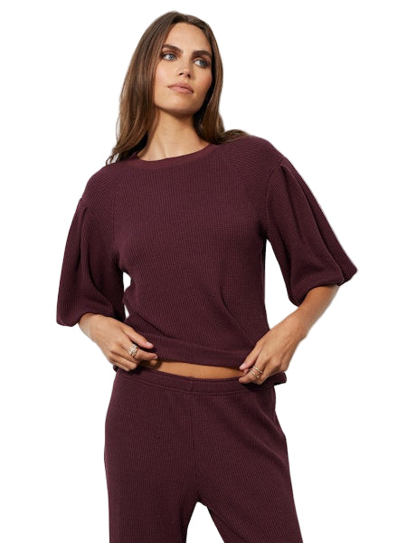 Bubble Sleeve Crewneck Pullover in Burgundy