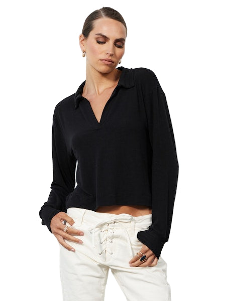 Long Sleeve Crop Polo Tee in Black