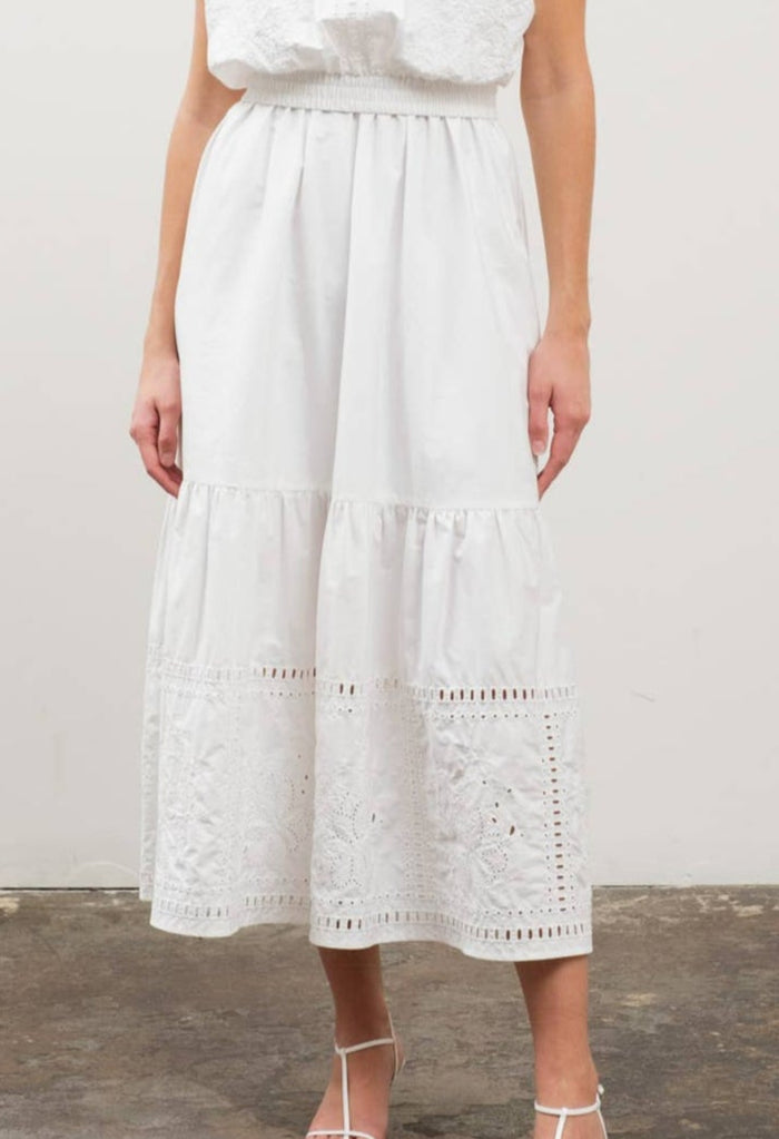 Eyelet Detail Midi Skirt in White