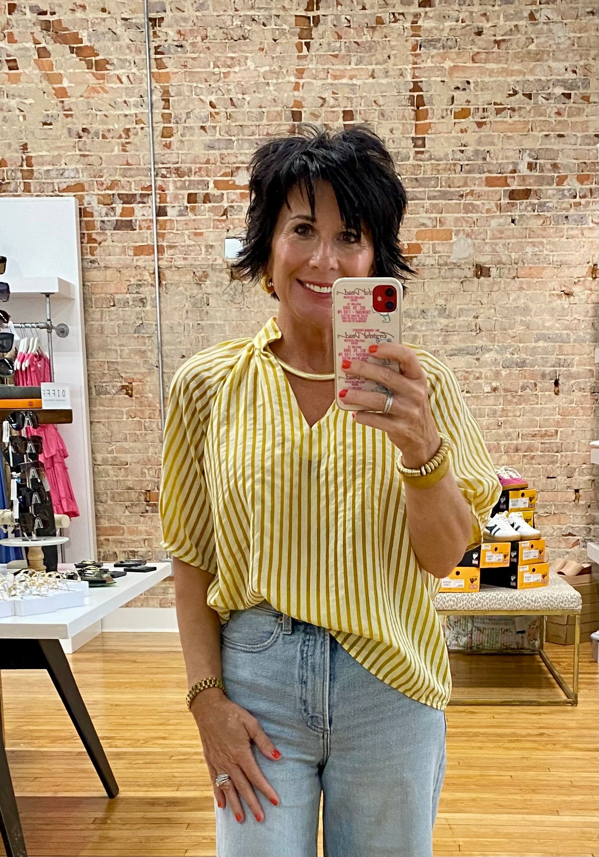 Pop Over Striped Top in Mustard