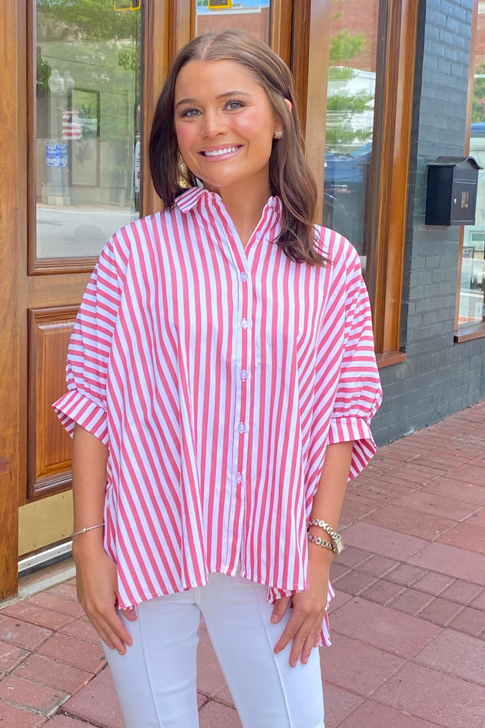 Striped Oversized Button Up in Red/White