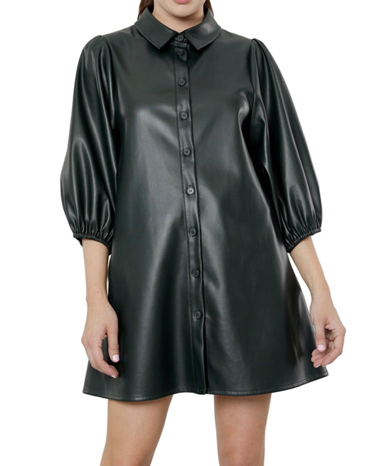 Classic Faux Leather Puff Sleeve Dress