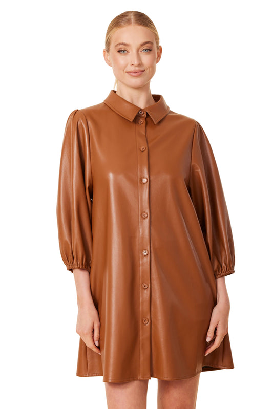 Classic Faux Leather Puff Sleeve Dress