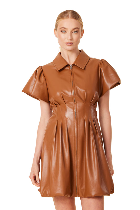 Vegan Leather Zip Front Bubble Dress in Saddle