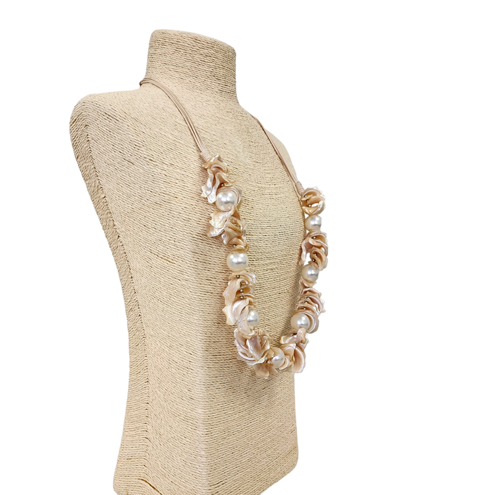 Neutral Sandy Beige Spiral Abalone Seashell & Pearl Necklace