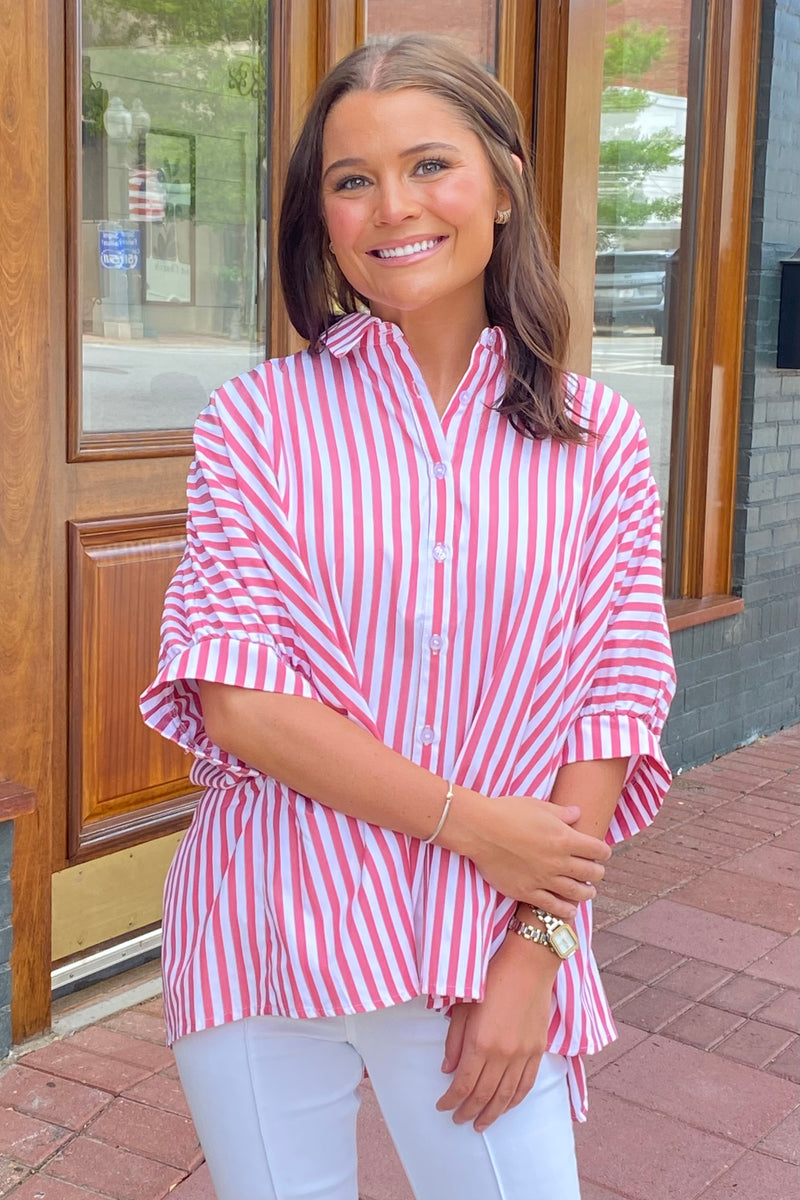 Striped Oversized Button Up in Red/White