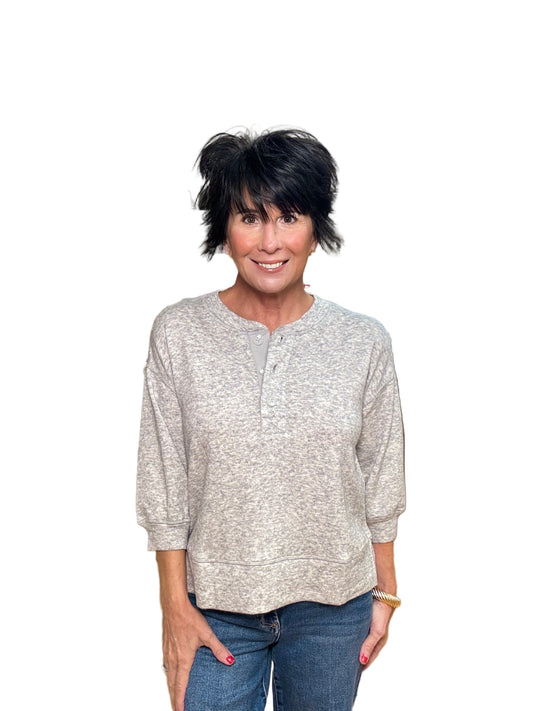 Puff Sleeve Boxy Henley in Heather Grey