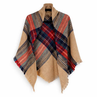 A triangle wrap with a Highland-inspired design in red and cream, featuring a blend of polyester and wool.