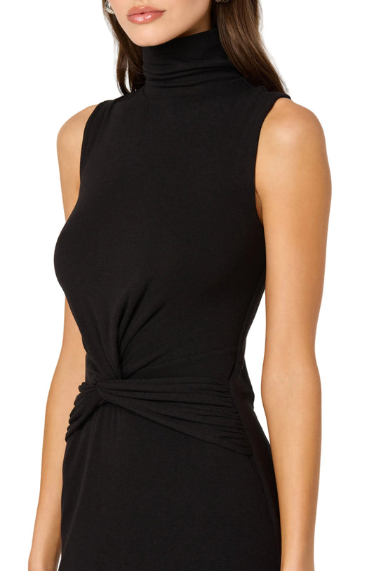 Black sleeveless dress with a tie detail on a white background