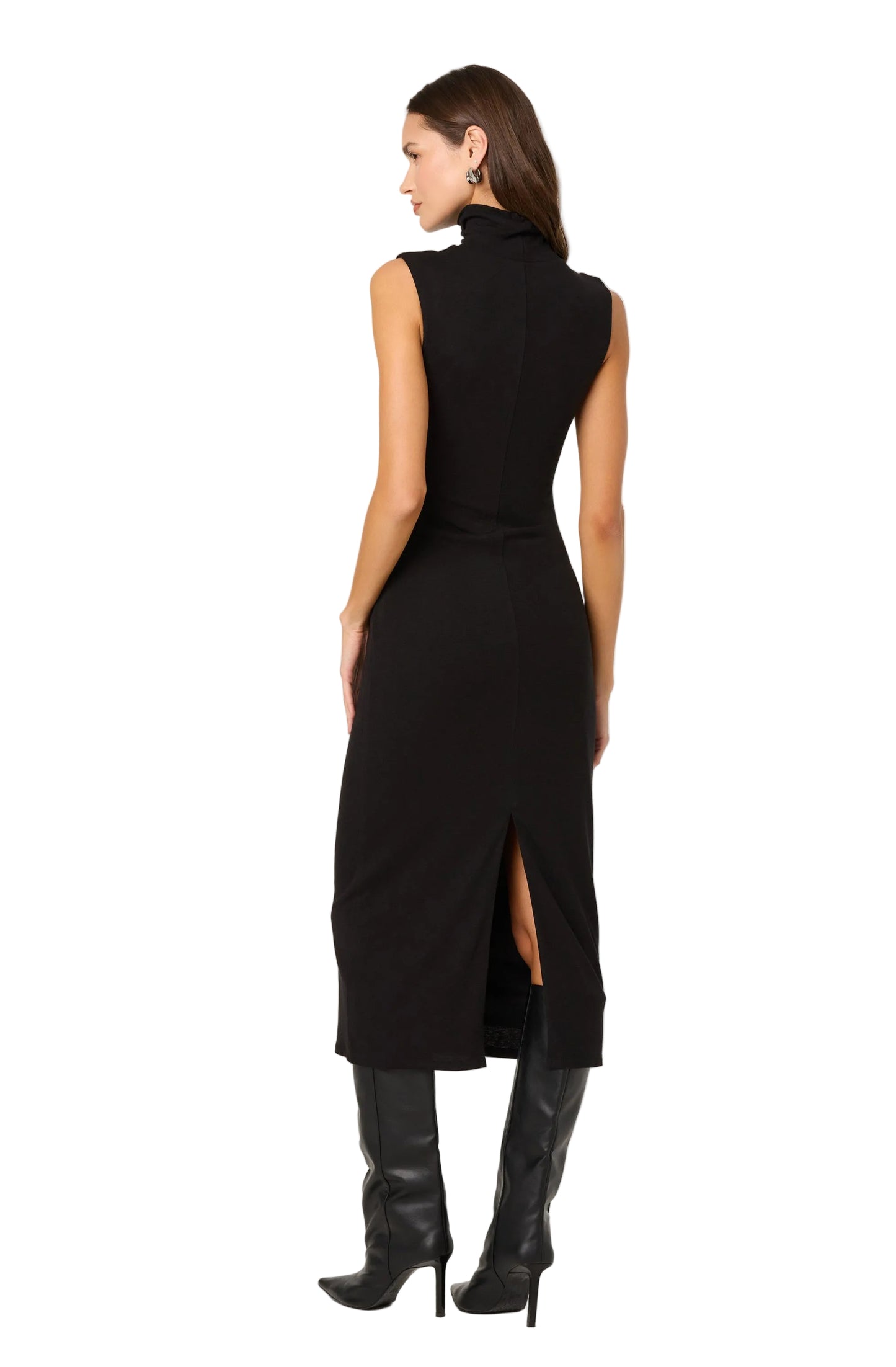 Woman wearing a black sleeveless dress with a slit on a white background