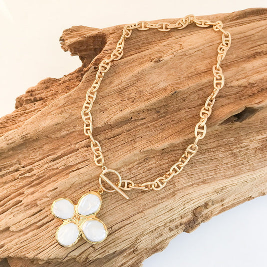 Pearl Clover Cross on Helix Necklace
