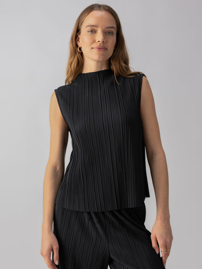 Sanctuary Plisse Mock Neck Top in Black