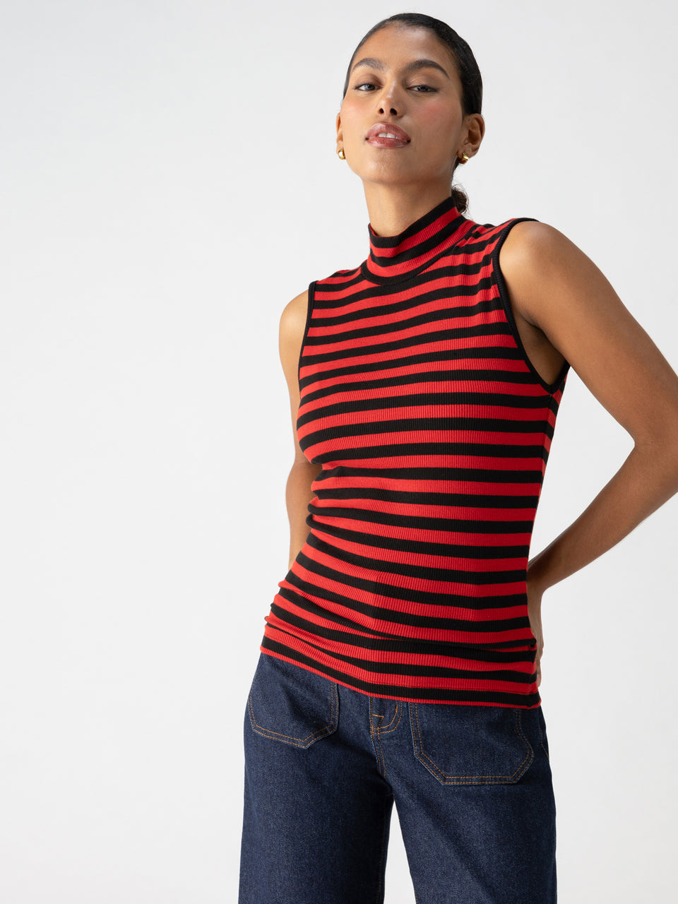 Essentials Sleeveless Striped Mock Neck in Black/Cherry Red