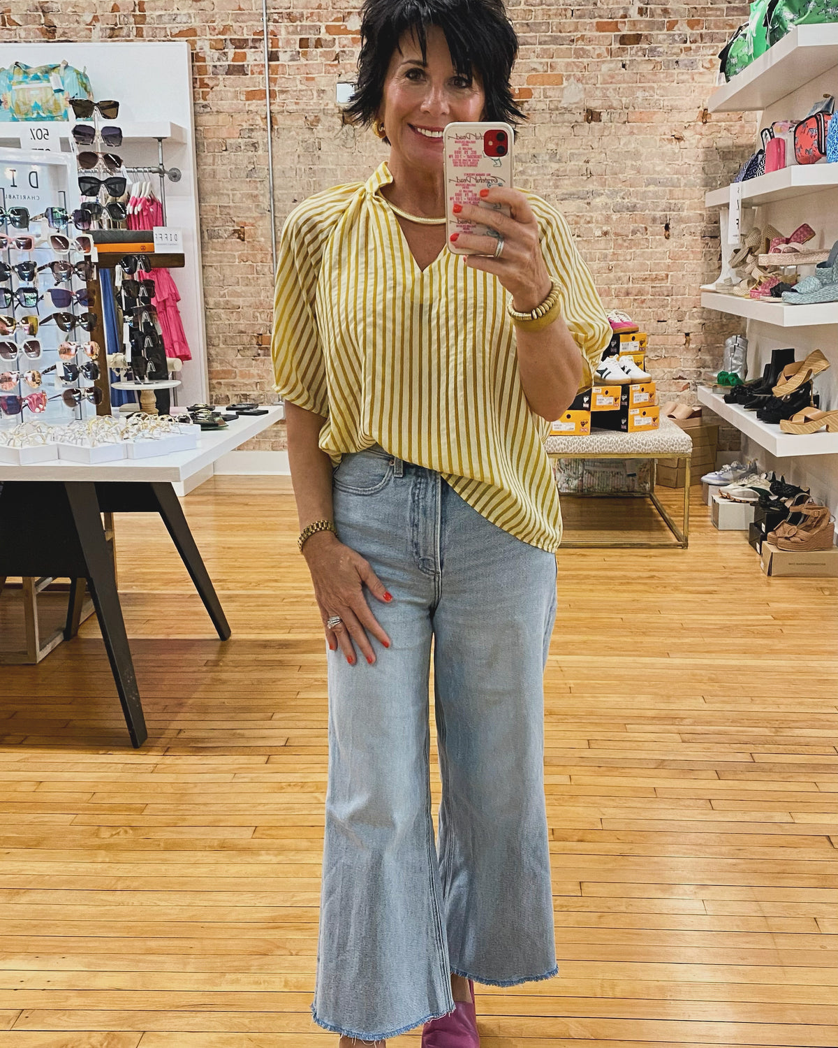 Pop Over Striped Top in Mustard