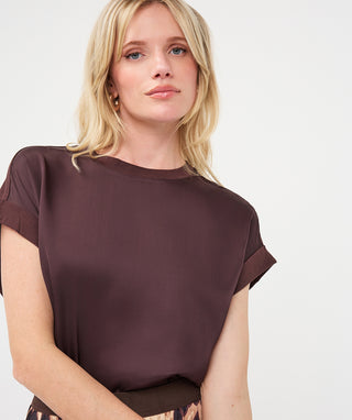 Esqualo Satin Roll-Up Sleeve Top in Cacao
