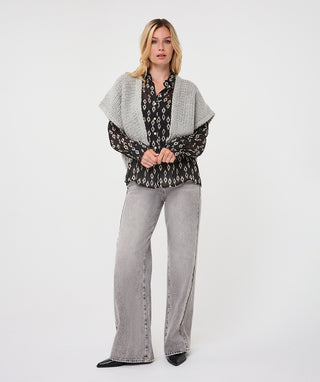 A light grey cardigan gilet with an open front and textured knit design.