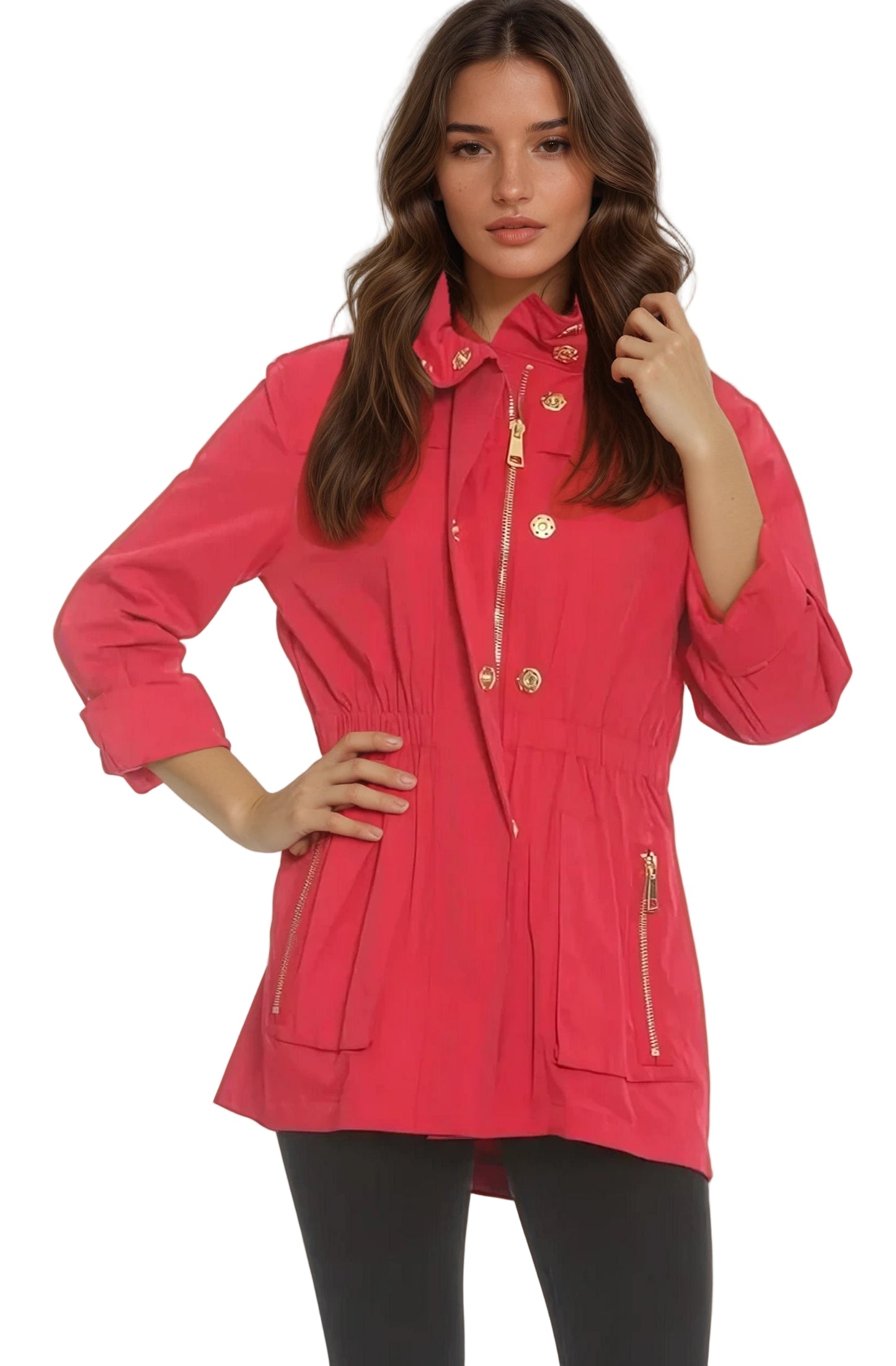 Woman wearing a red jacket with gold buttons on a white background